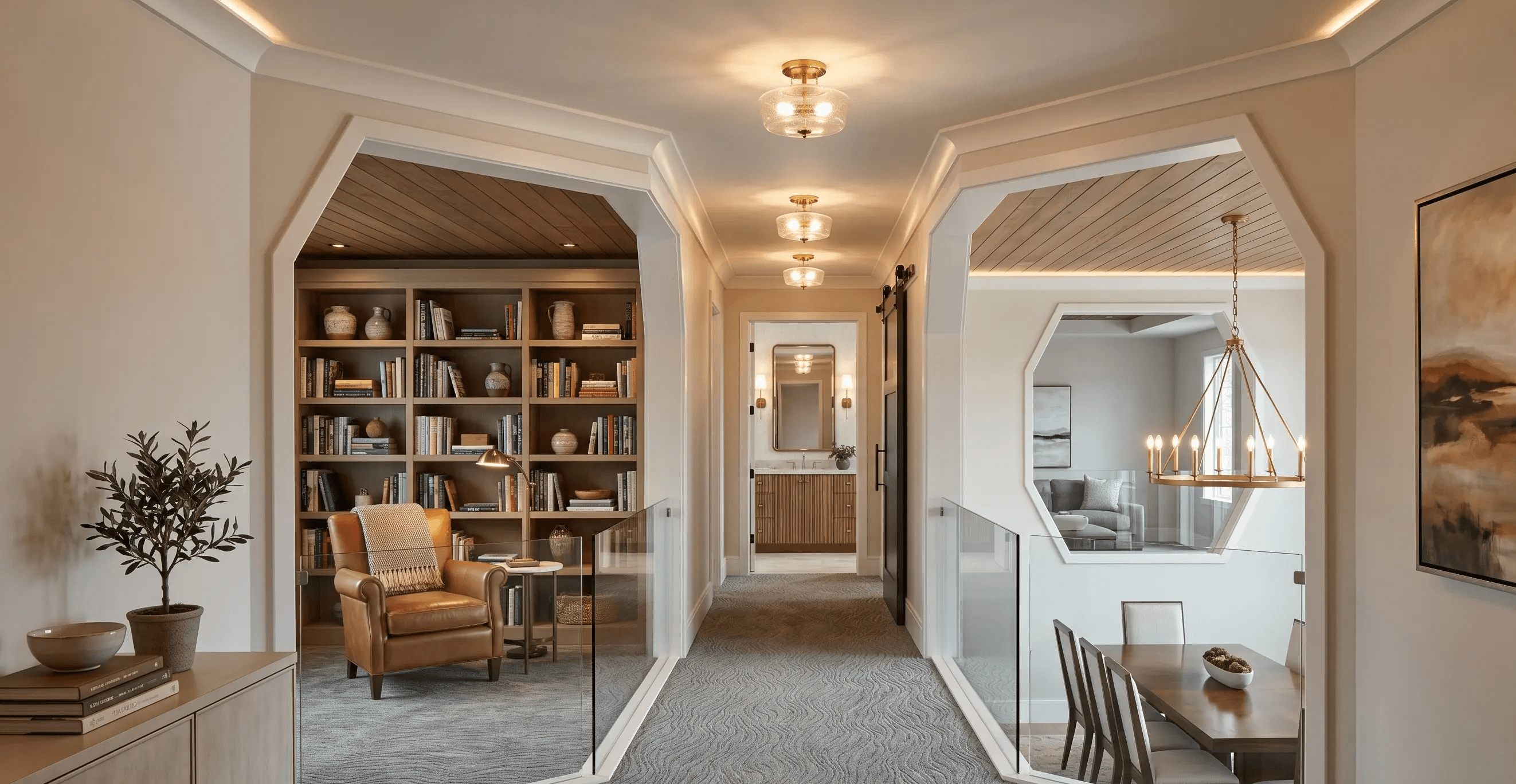 A symmetrical modern interior hallway with textured gray carpeting and geometric wall openings. The left opening reveals a study featuring a tan leather armchair and a floor-to-ceiling wooden bookshelf. The right opening looks into a dining room with a dark wood table, matching chairs, a contemporary gold chandelier, and a large abstract landscape painting on the wall.