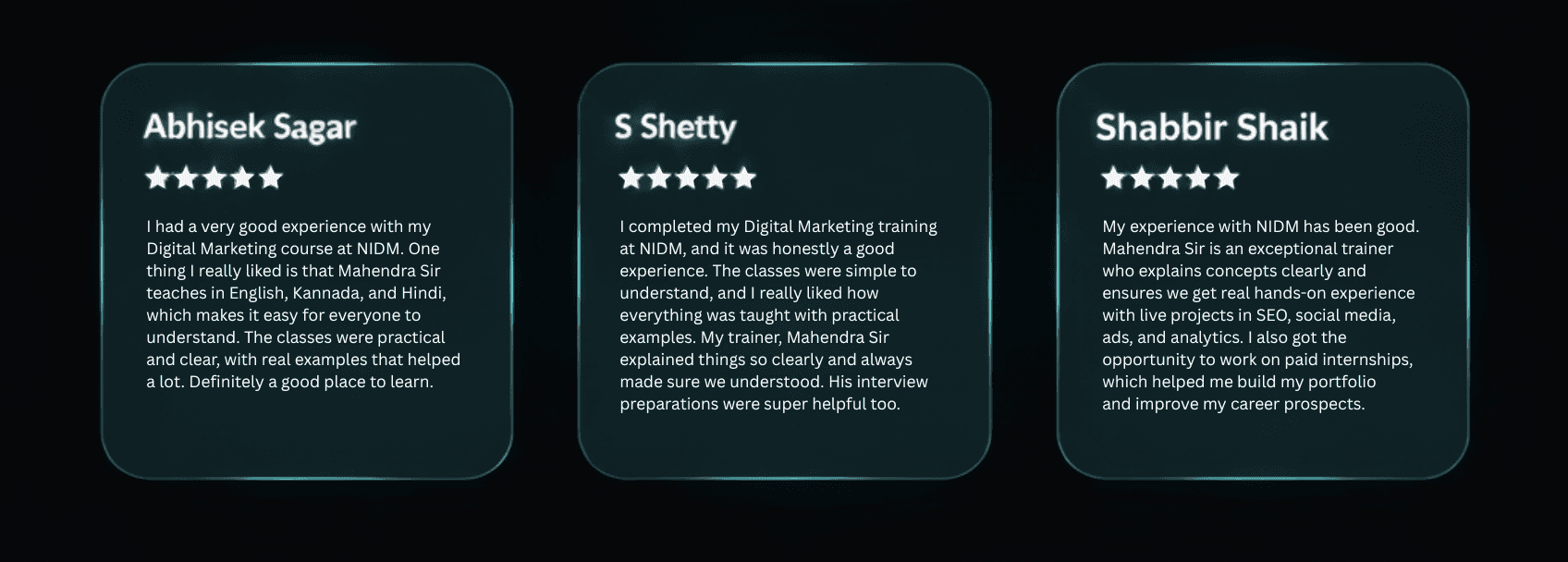 Student reviews praising Mahendra R's effective AI-integrated digital marketing training at NIDM