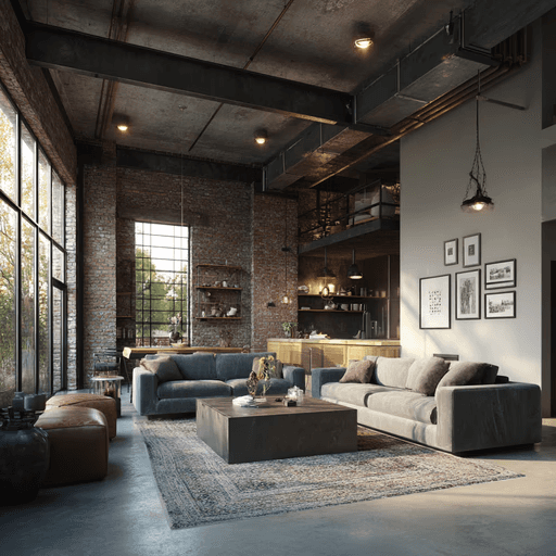 Loft with industrial decor: exposed brick, high ceilings, large windows. Cozy gray sofas, concrete coffee table, pendant lights, and a soft rug.