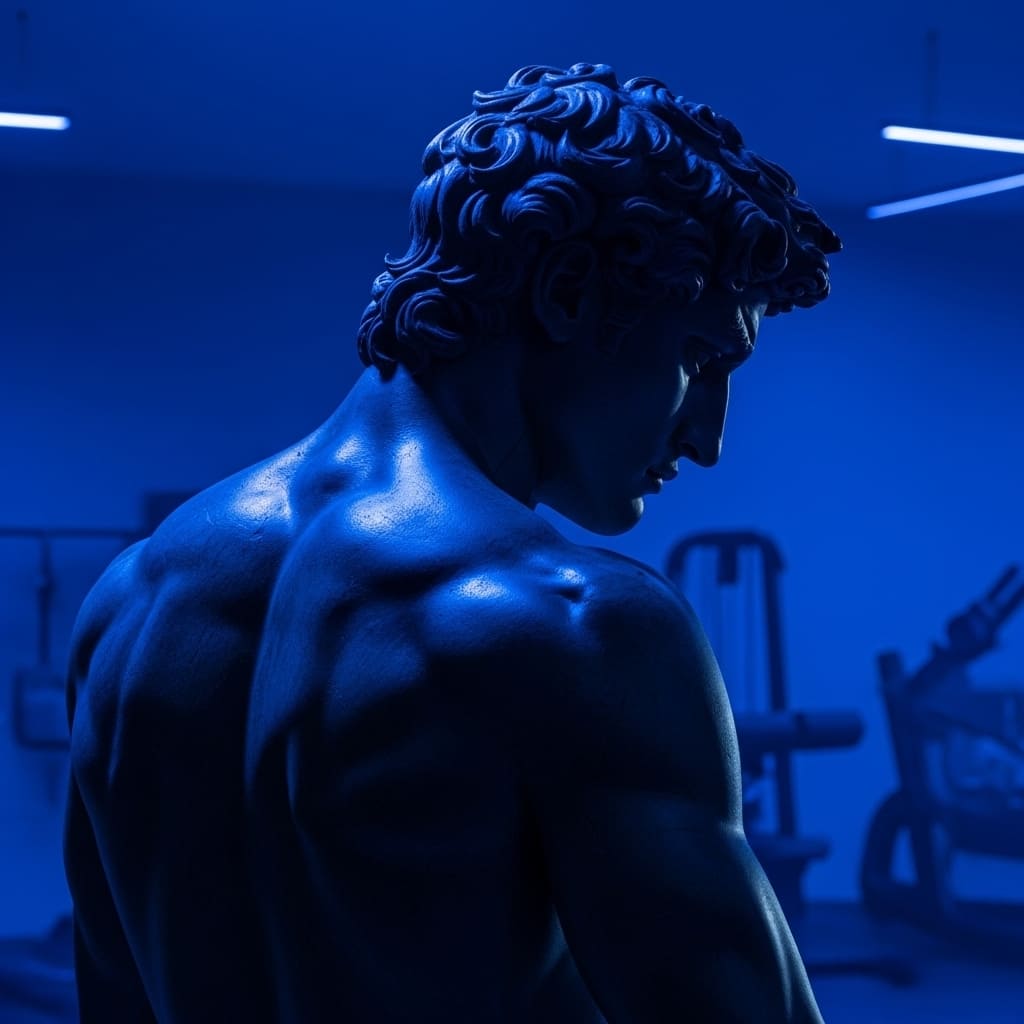 Back view of the famous David statue, shown in blue tones with gym equipment in the background, emphasizing the muscular details and lighting