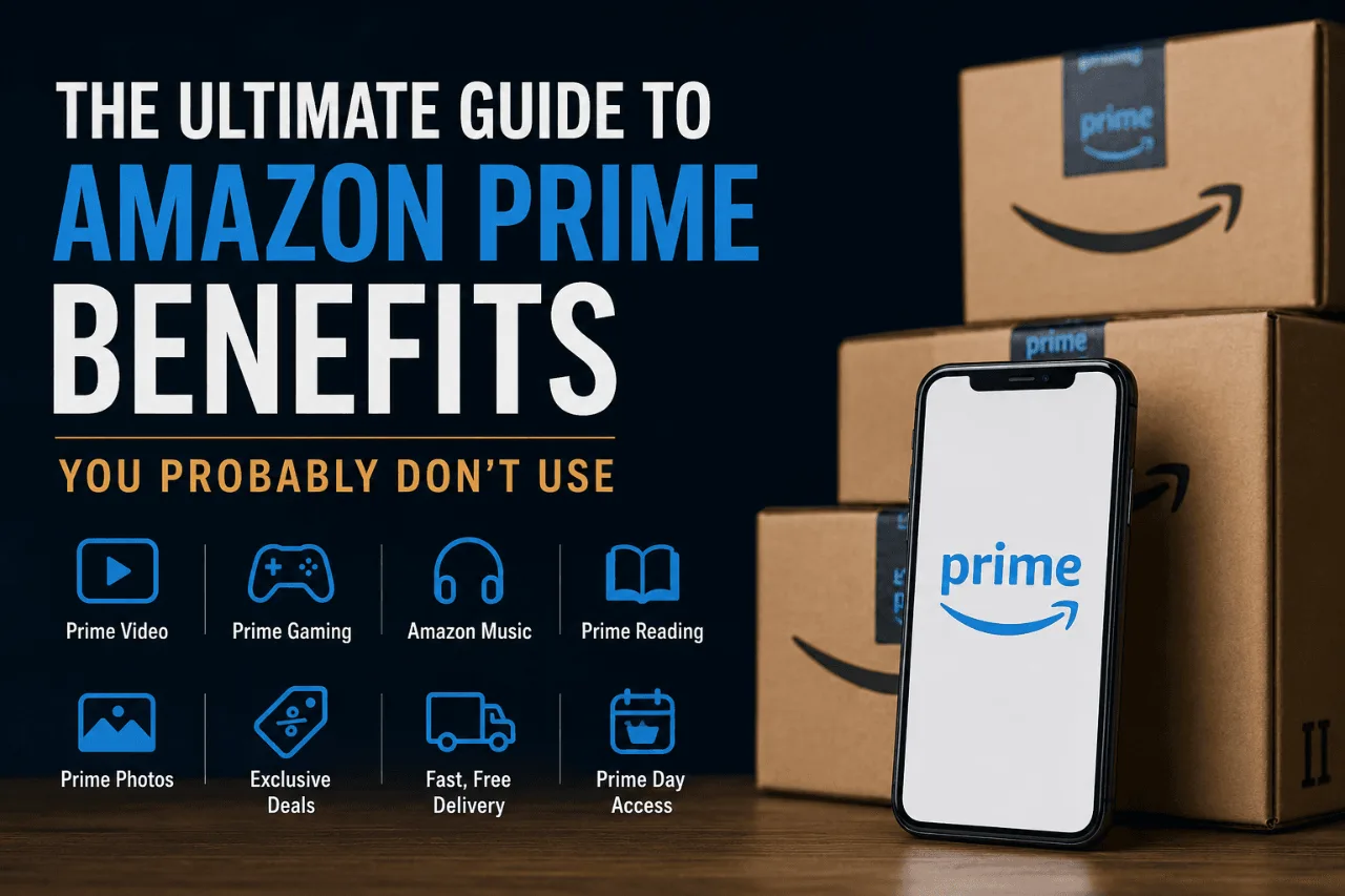 Amazon Prime Benefits guide with icons.