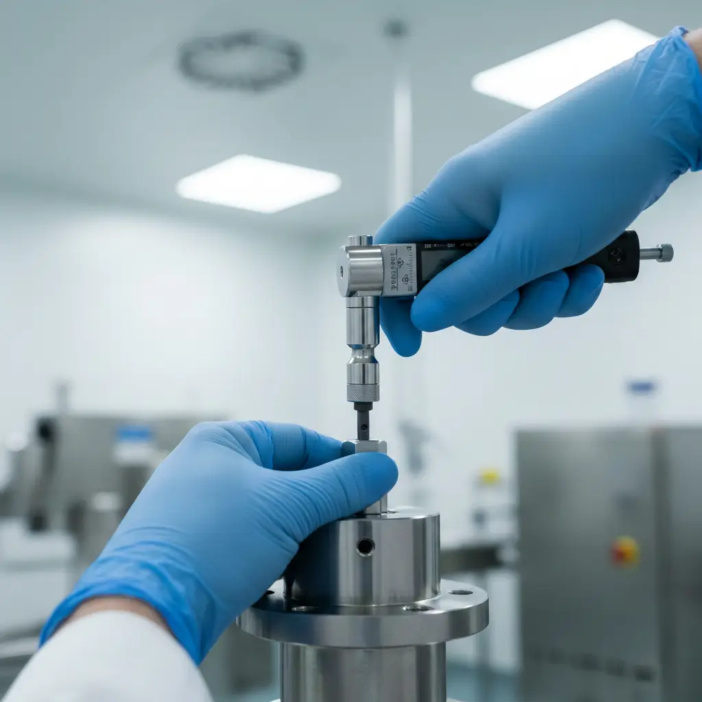 Close-up of a technician's hands in blue nitrile gloves using a digital torque wrench for precise calibration on a stainless steel machine component in a cleanroom.