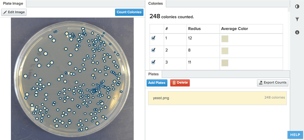 Benchling can automate colony counting: by uploading the plate image to Benchling it will process it and return your counts back. Source: http://blog.benchling.com/automate-your-colony-counting/