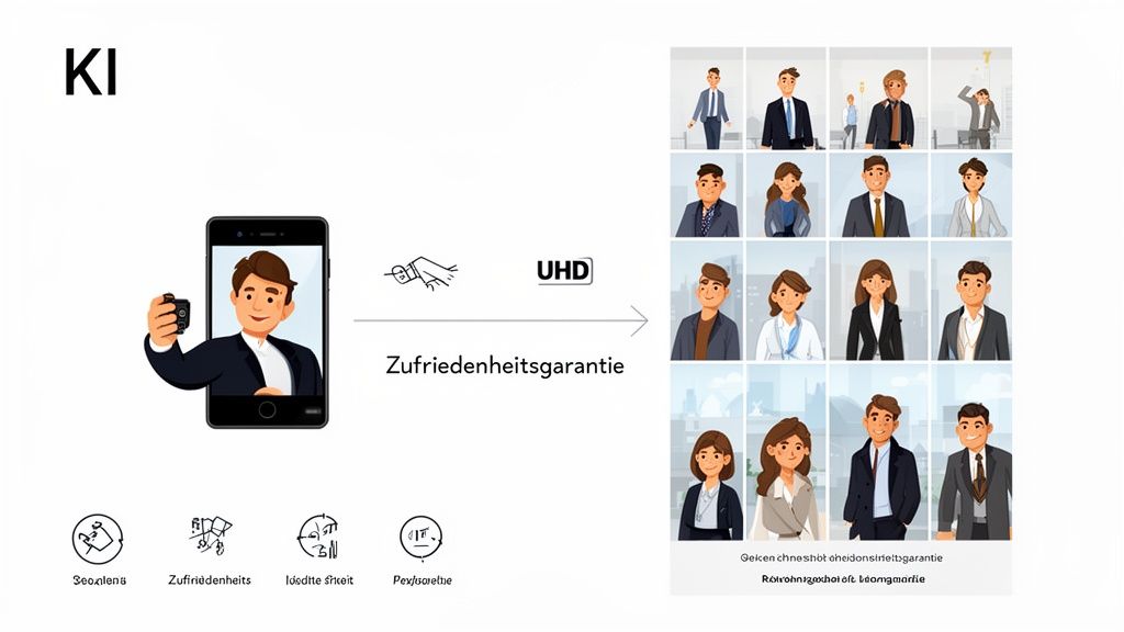 Mensch nimmt Selfie mit Smartphone, verspricht Zufriedenheitsgarantie für professionelle Profilbilder in UHD-Qualität.