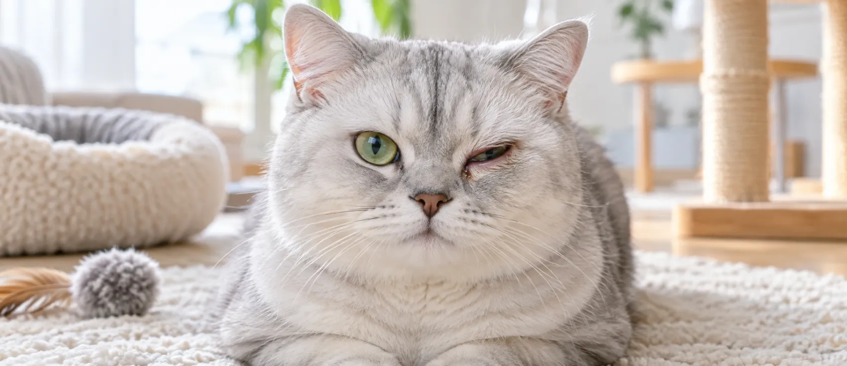 Grey British Shorthair cat with a partially closed, squinting eye.