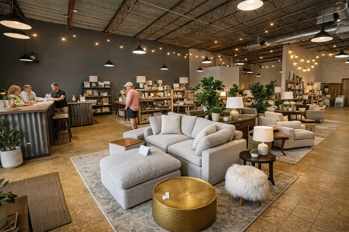 Warmly lit home decor showroom with sofas, tables, and shelves of decorative items in a spacious retail interior.