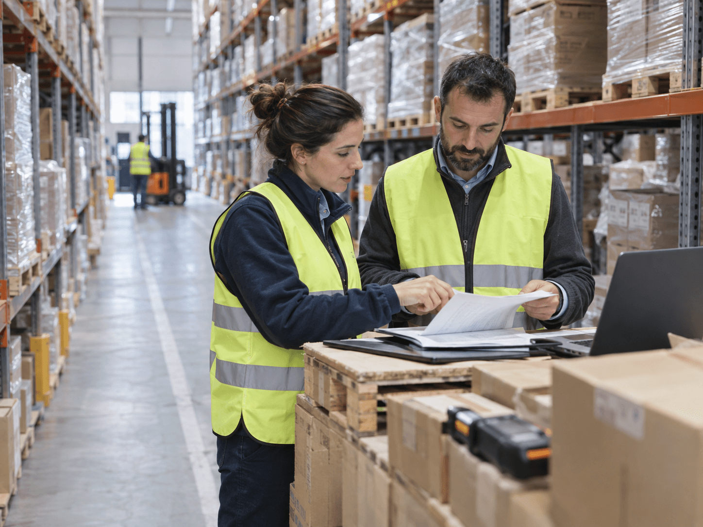 Responsable de compras y proveedor revisando documentación junto a estanterías de mercancías en un almacén.