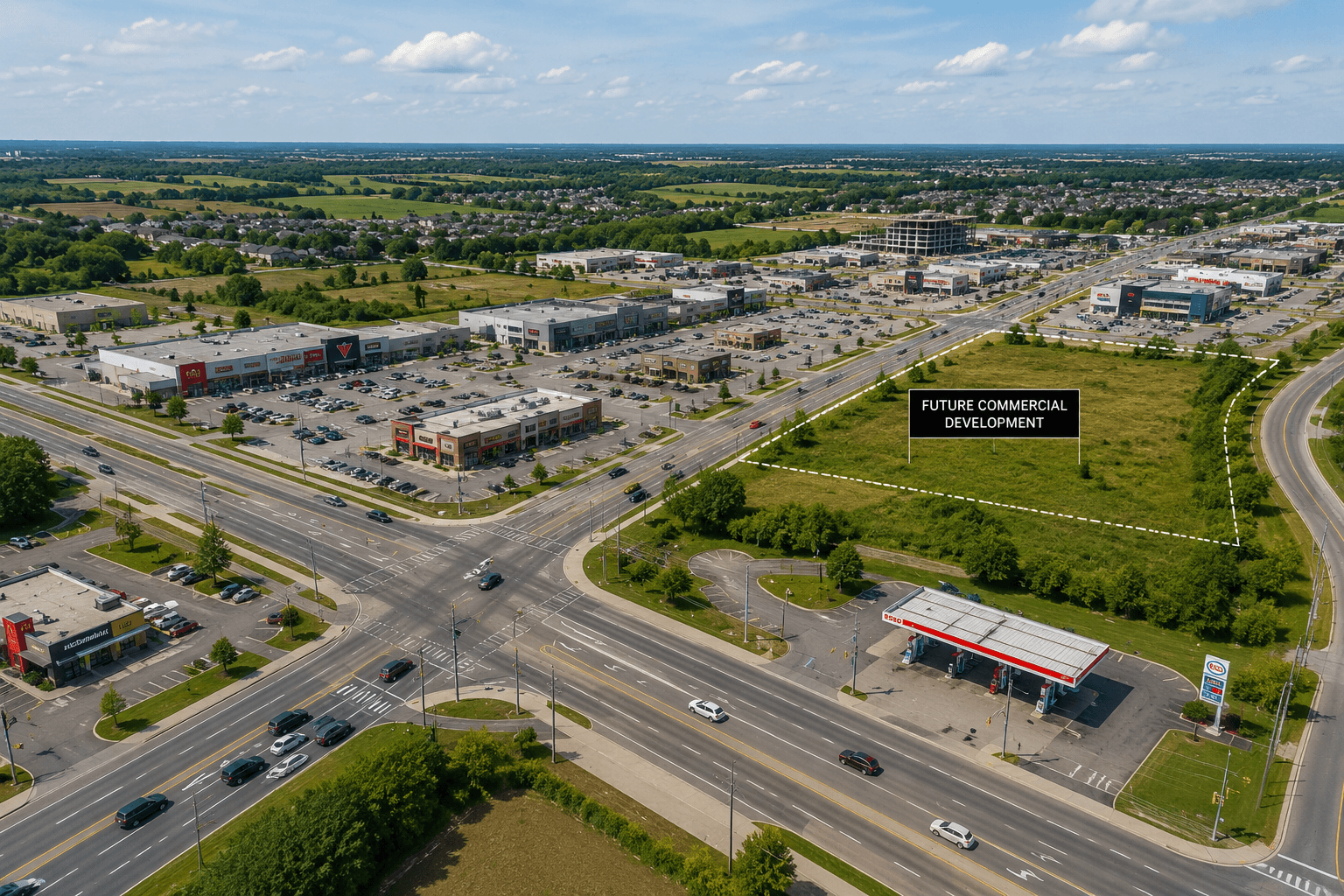 Aerial view of a growing commercial development area in Ontario showing retail properties, major roads, and future construction opportunities.