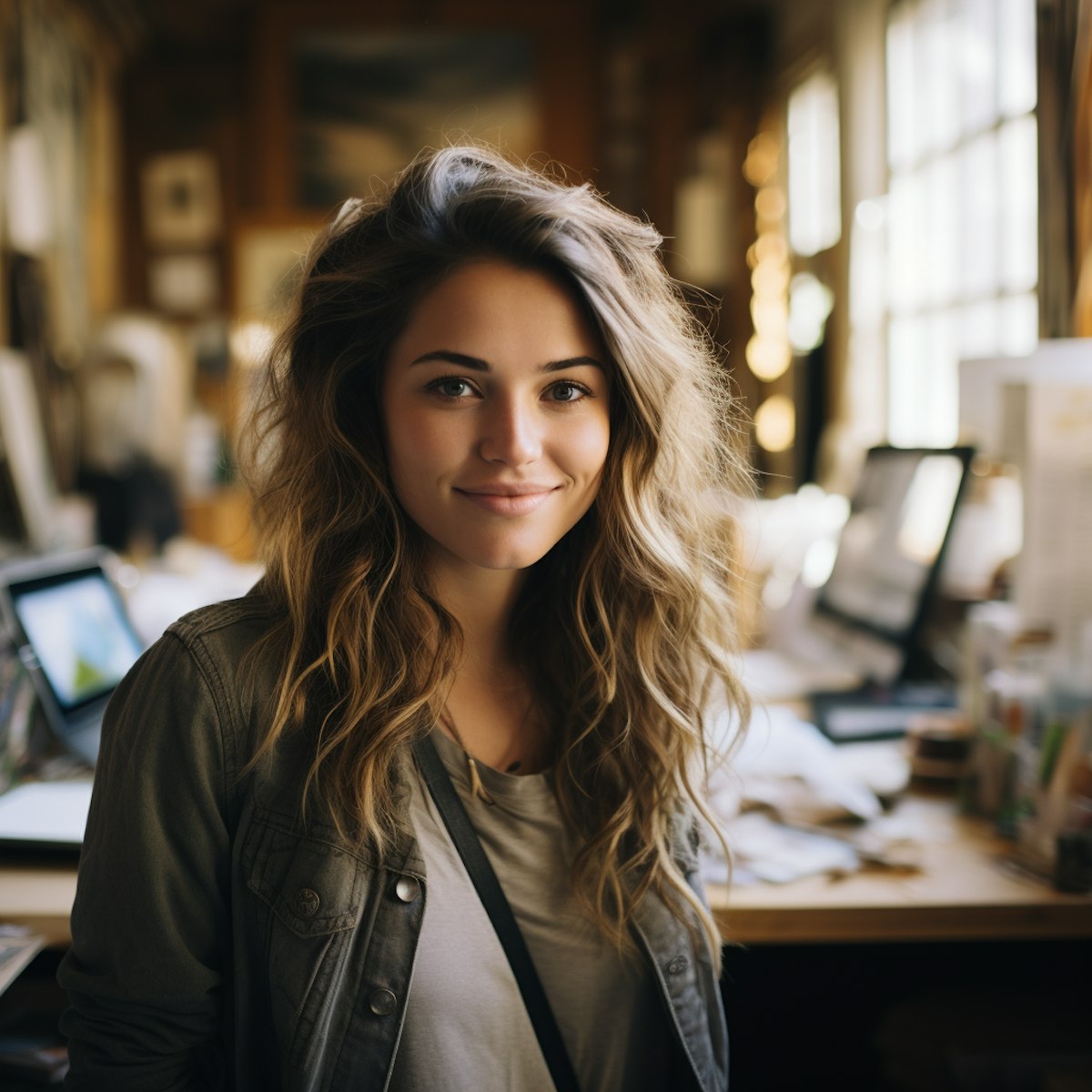 A woman with curly hair smiles warmly in a cozy office filled with papers and a computer.