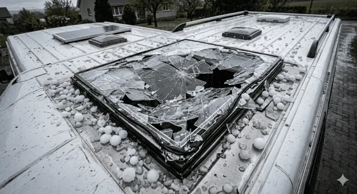 Claraboya de metacrilato del techo de una camper destrozada por el impacto de granizo severo.