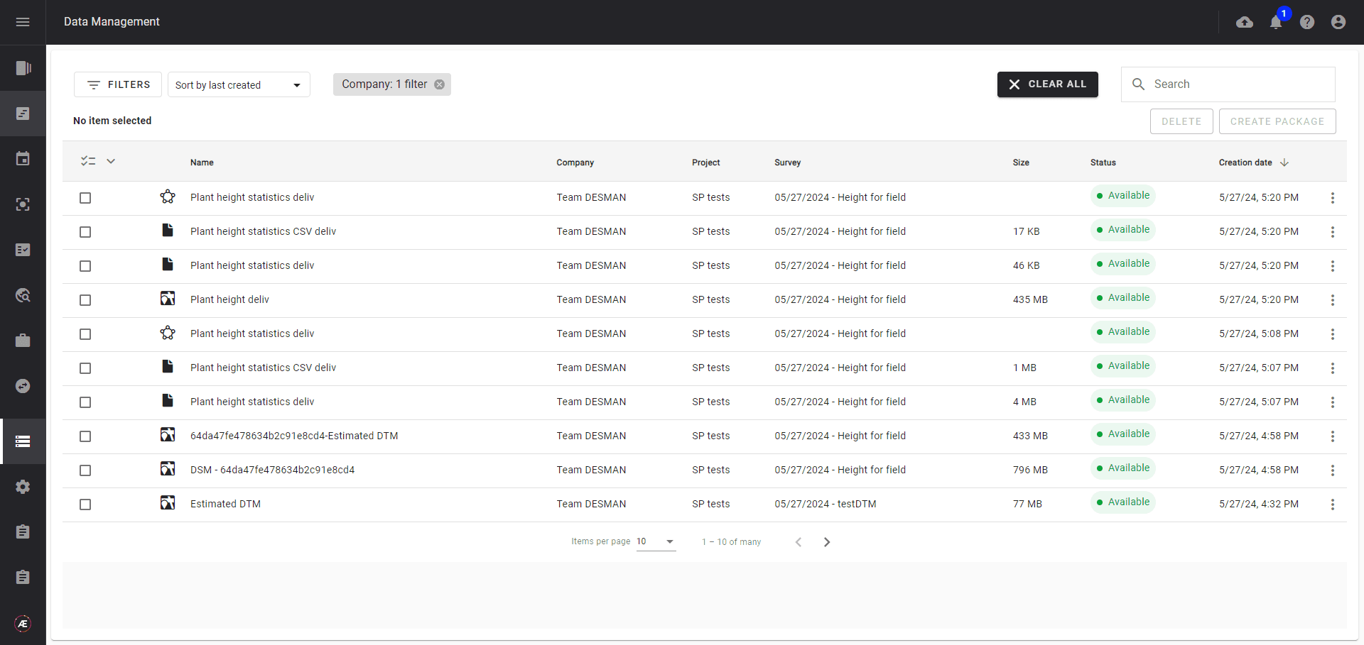 Data management interface screen displaying a list of files sorted by name, size, date, and status.