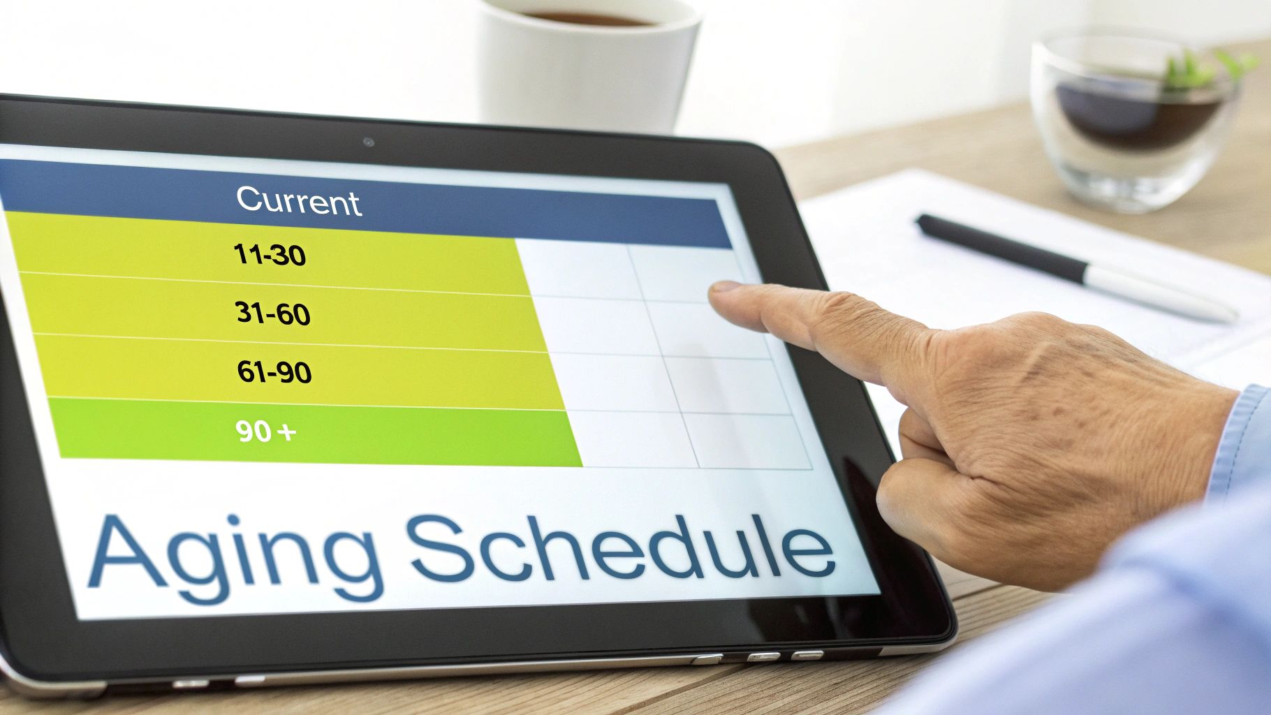 A hand interacts with a tablet displaying an aging schedule with current and past due categories.