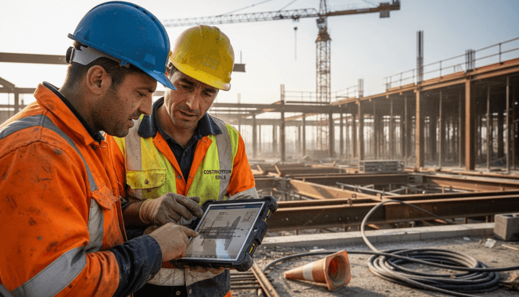 Operai che utilizzano un tablet per controllare l’andamento dei lavori in cantiere