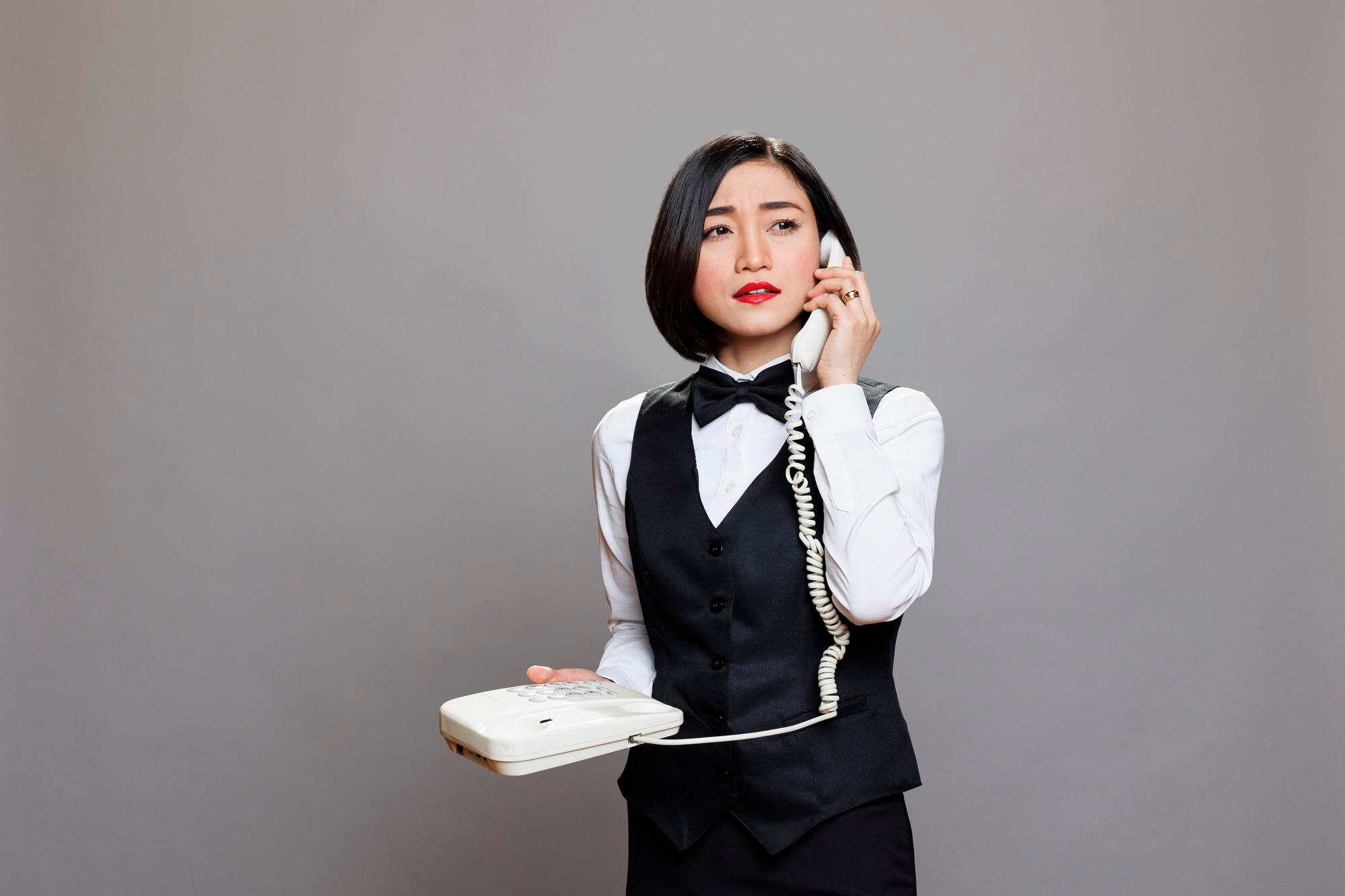 Serveerster in restaurantuniform belt aan de vaste telefoon