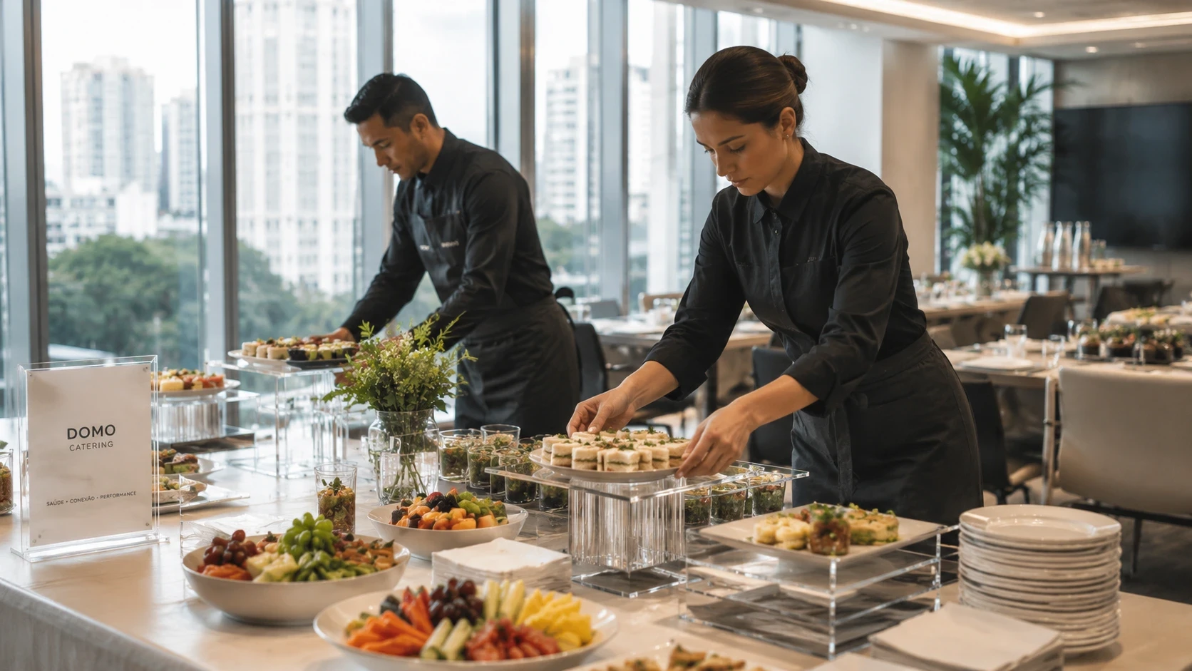 Buffet empresarial inovador com equipe uniformizada em evento corporativo