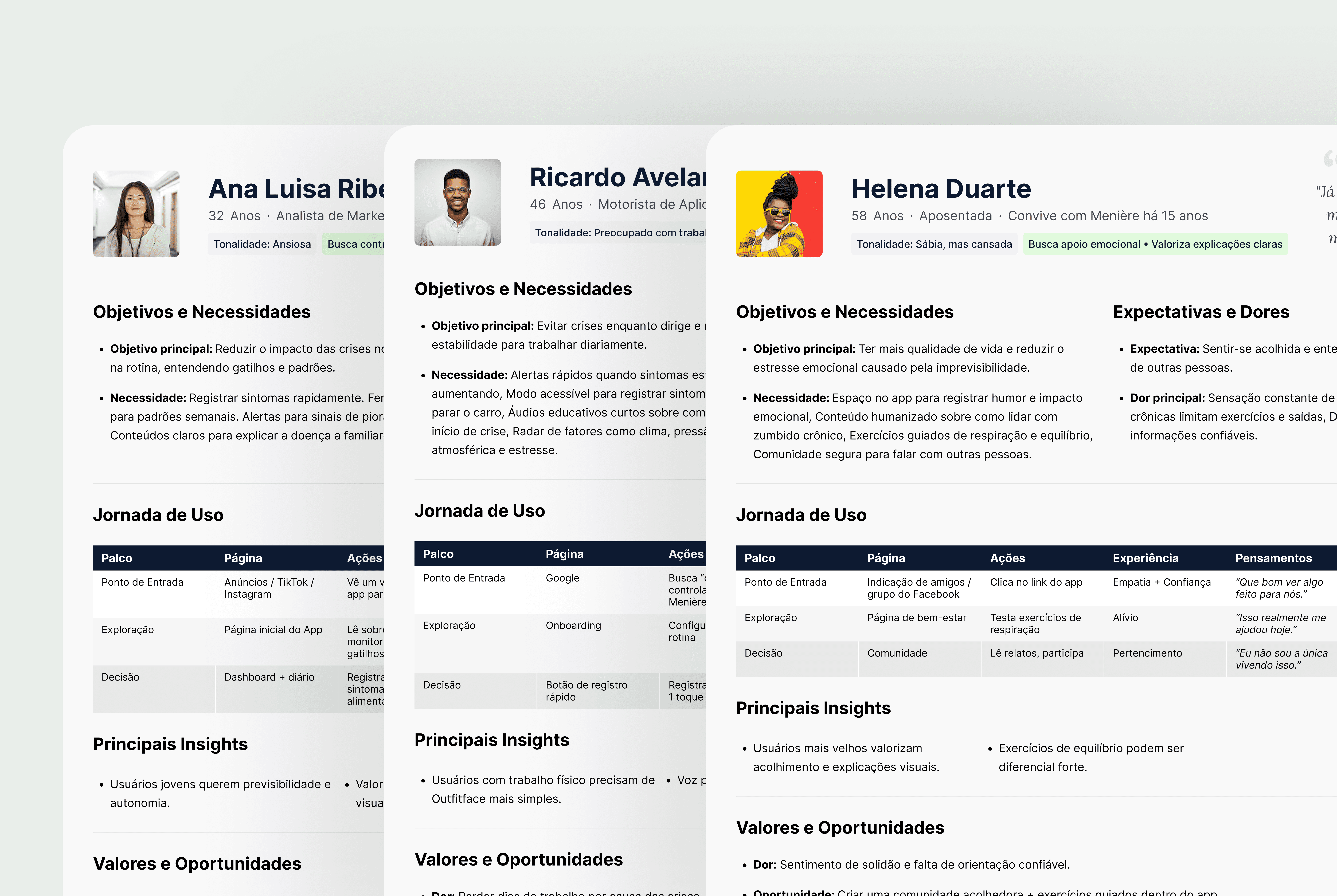 Ao longo do projeto, a construção das personas foi essencial para direcionar cada decisão do aplicativo. Mais do que perfis teóricos, trabalhamos com personas baseadas em pessoas reais que convivem diariamente com a Doença de Ménière suas rotinas, medos, limitações e necessidades em momentos de crise. Uma delas, inclusive, trouxe semelhanças claras com o meu próprio dia a dia, o que reforçou ainda mais a importância de projetar com empatia e responsabilidade. Essas personas nos ajudaram a entender que, em saúde, clareza, acolhimento e simplicidade não são escolhas estéticas, mas decisões de cuidado.