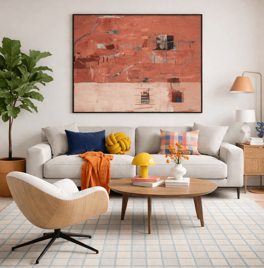 Scandinavian modern apartment living room with oversized abstract wall art, neutral sofa, oak chair, blue and rust accents, and grid area rug.