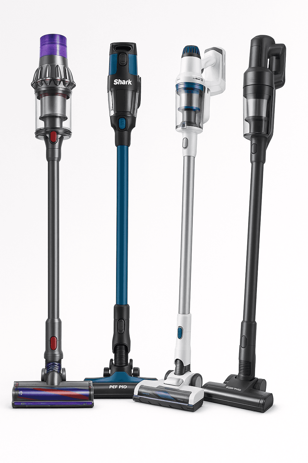 Comparison image of four popular cordless stick vacuums — Dyson V15 Detect, Dyson Gen5detect, Tineco Pure One S11, and Shark PowerDetect — standing upright on a white background.