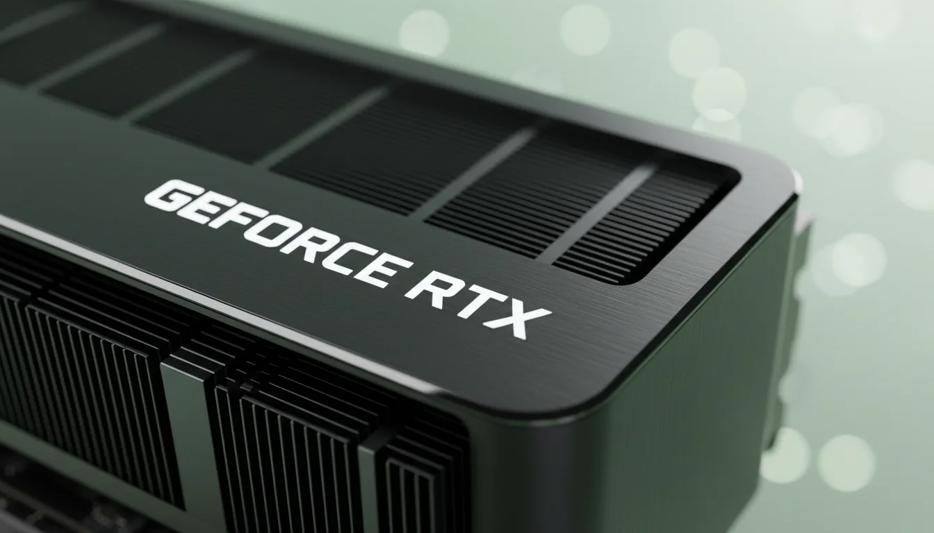 Macro DSLR photograph of a modern Nvidia GeForce RTX graphics card, focusing on the white 'GEFORCE RTX' lettering on its matte black metal shroud. The shot is angled, highlighting the texture of the dark cooling fins and the smooth, rounded corner of the hardware. Soft studio lighting evenly illuminates the surface, creating subtle highlights. The background is a soft, out-of-focus pale green, creating a shallow depth of field with a clean bokeh effect.