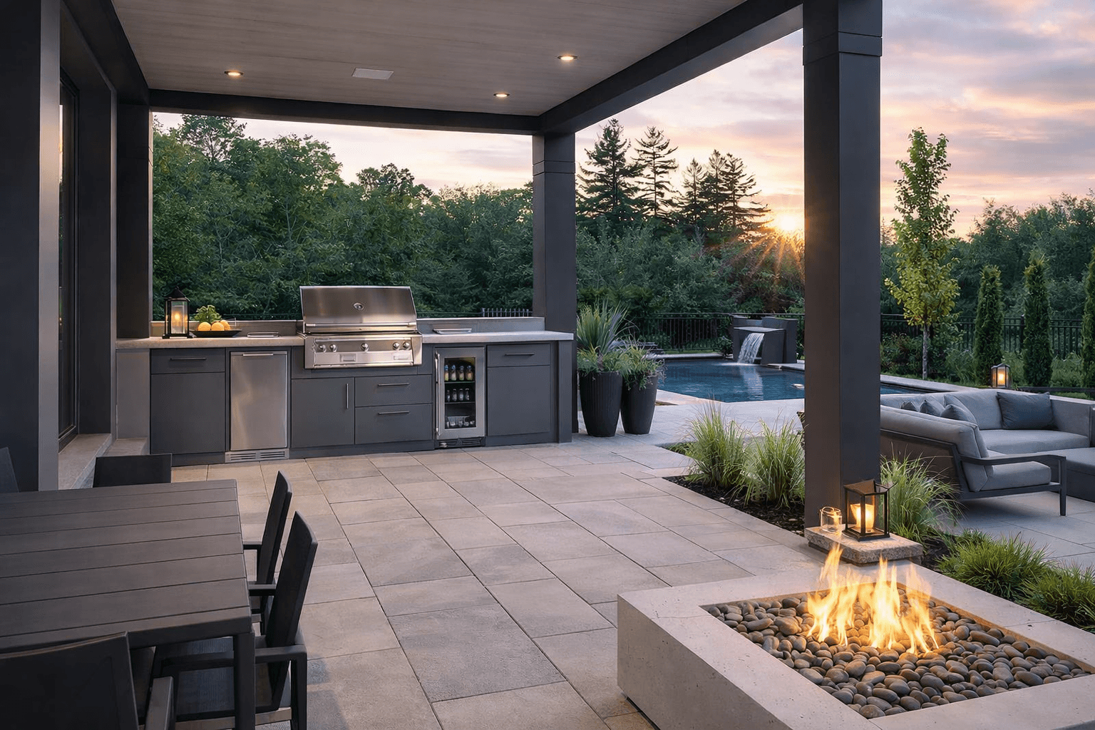 Modern covered patio with outdoor kitchen and fire pit overlooking backyard pool.