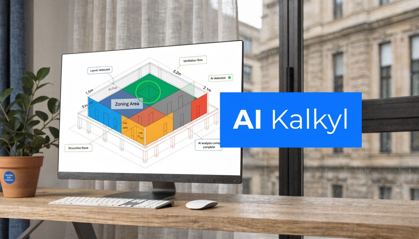 En datorskärm som visar arkitektonisk programvara för byggnadsplanering med AI-analys och zonindelning på ett kontorsbord.
