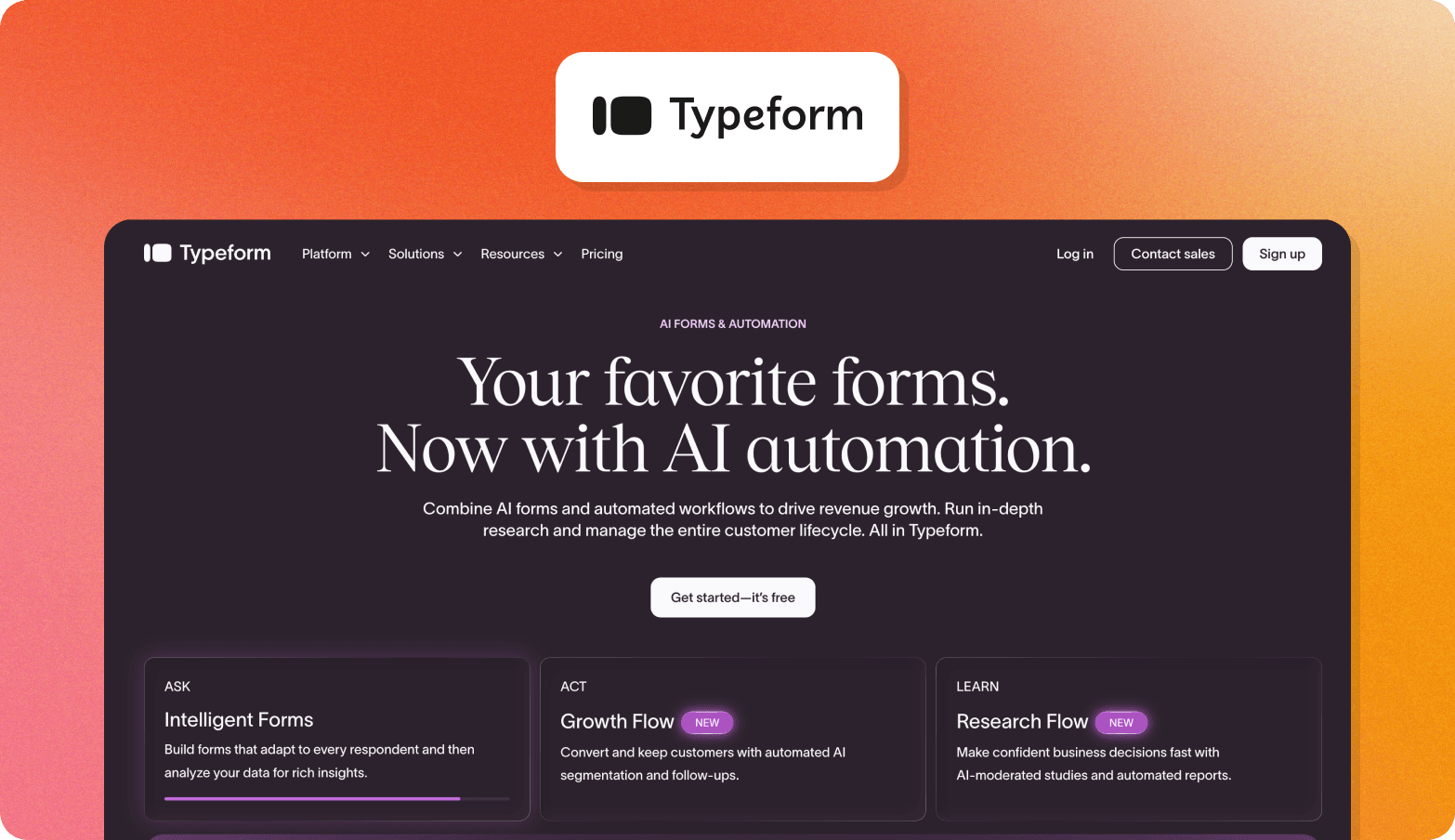Typeform homepage screenshot showing the tagline "Your favorite forms. Now with AI automation."