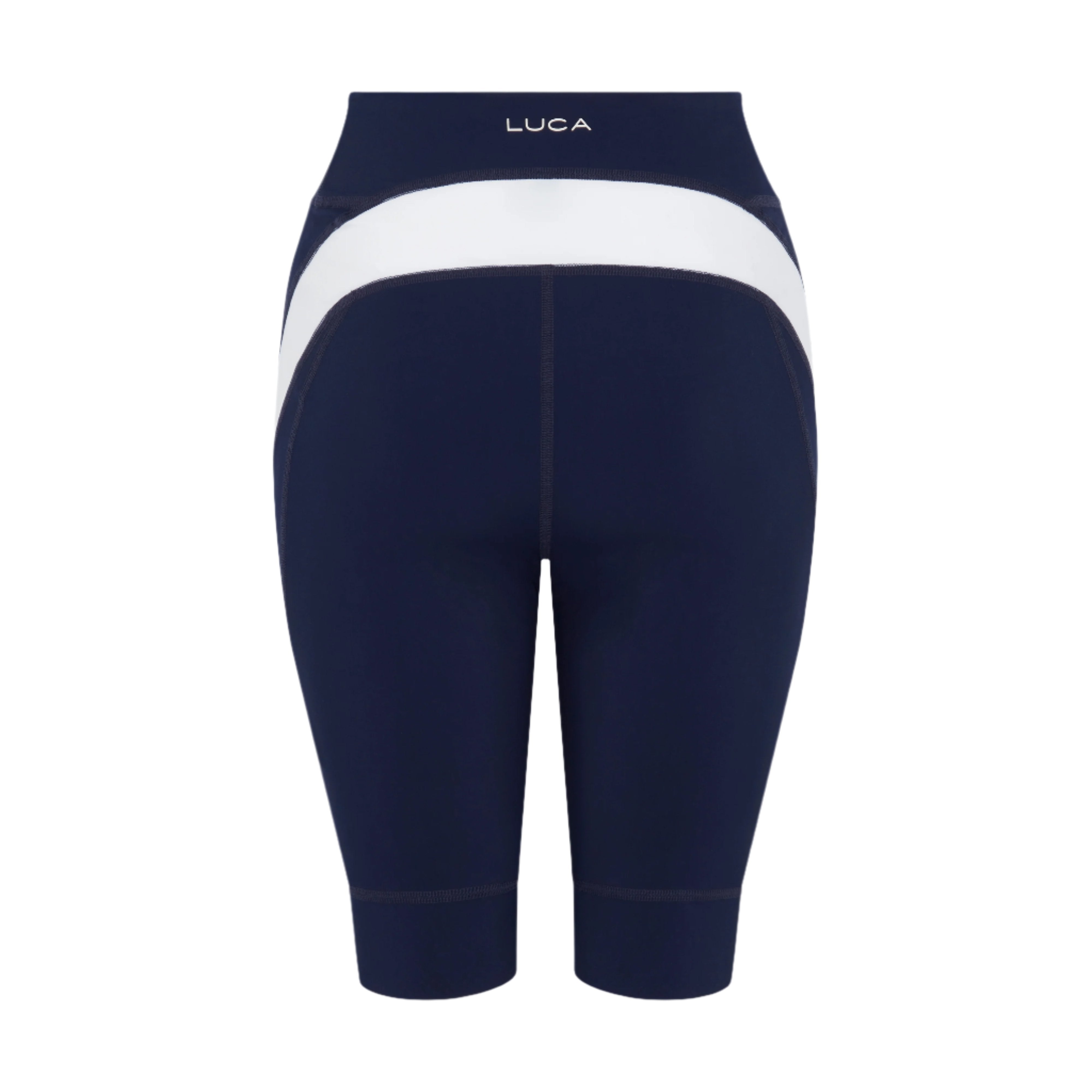 Back-view-of-navy-blue-high-waisted-biker-shorts-with-a-wide- supportive-white-contrast-band- across-the-rear-and-angled-side- panel-LUCA-branded-cycling-athletic-fitness-shorts