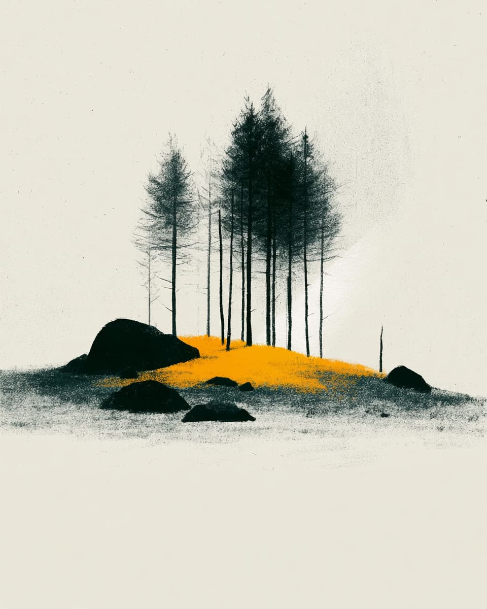 Illustration: Schwarze Bäume auf gelbem Hügel, minimalistische Landschaftskunst
