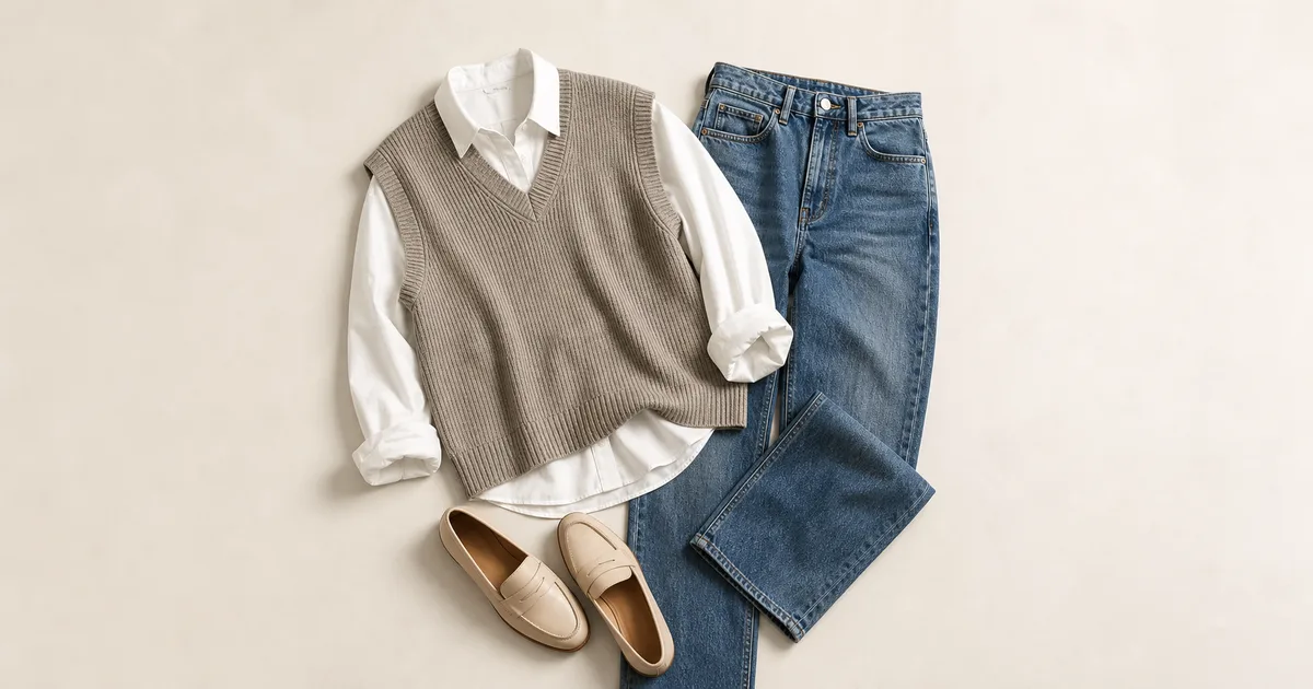 sweater vest over a white shirt + straight jeans arranged on a warm ivory background