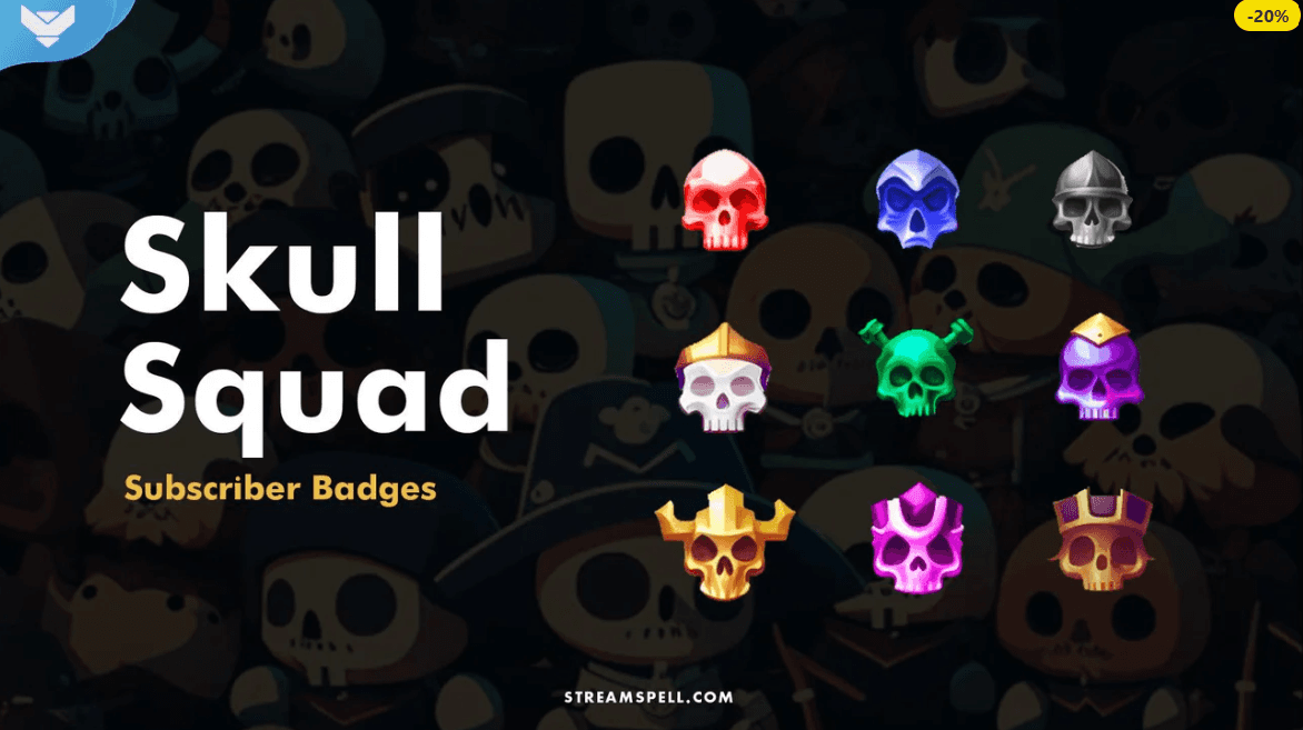 Skull Squad Subscriber Badges preview – a set of 9 skull-themed badges in bold colors like red, blue, green, and gold, some with pirate or armored details. Ideal for RPG, action, pirate, or dark fantasy Twitch and YouTube streamers.