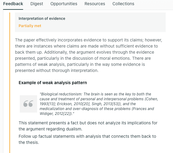 thesify feedback showing that a cited sentence about biological reductionism presents evidence without analyzing its significance for the argument