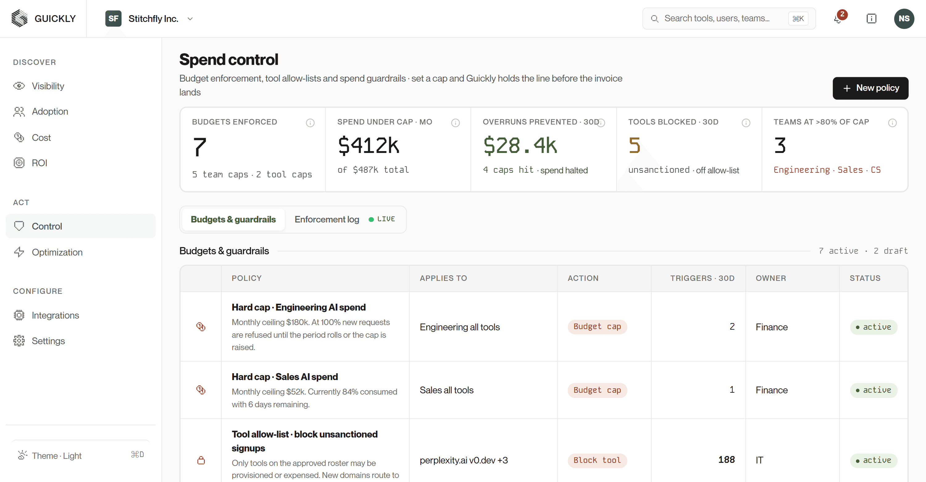 AI governance dashboard: policy controls, access management, and compliance oversight