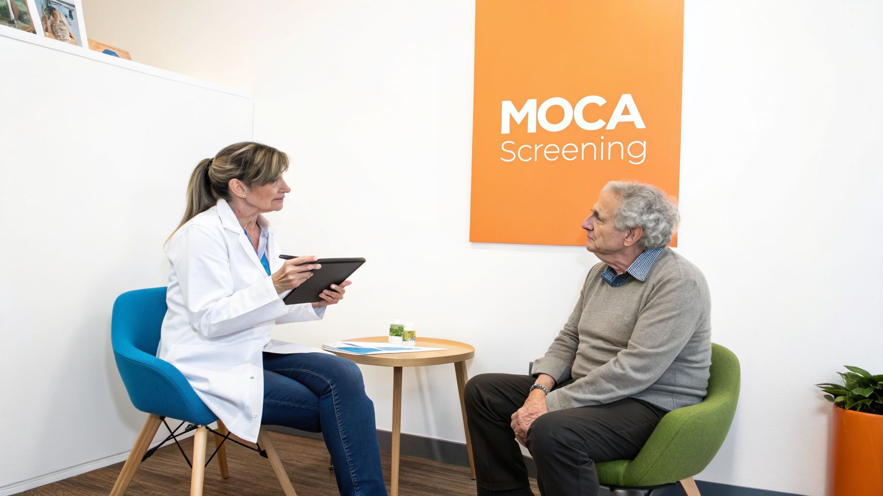A medical professional discusses a MOCA dementia test with an older male patient in a clinical setting.