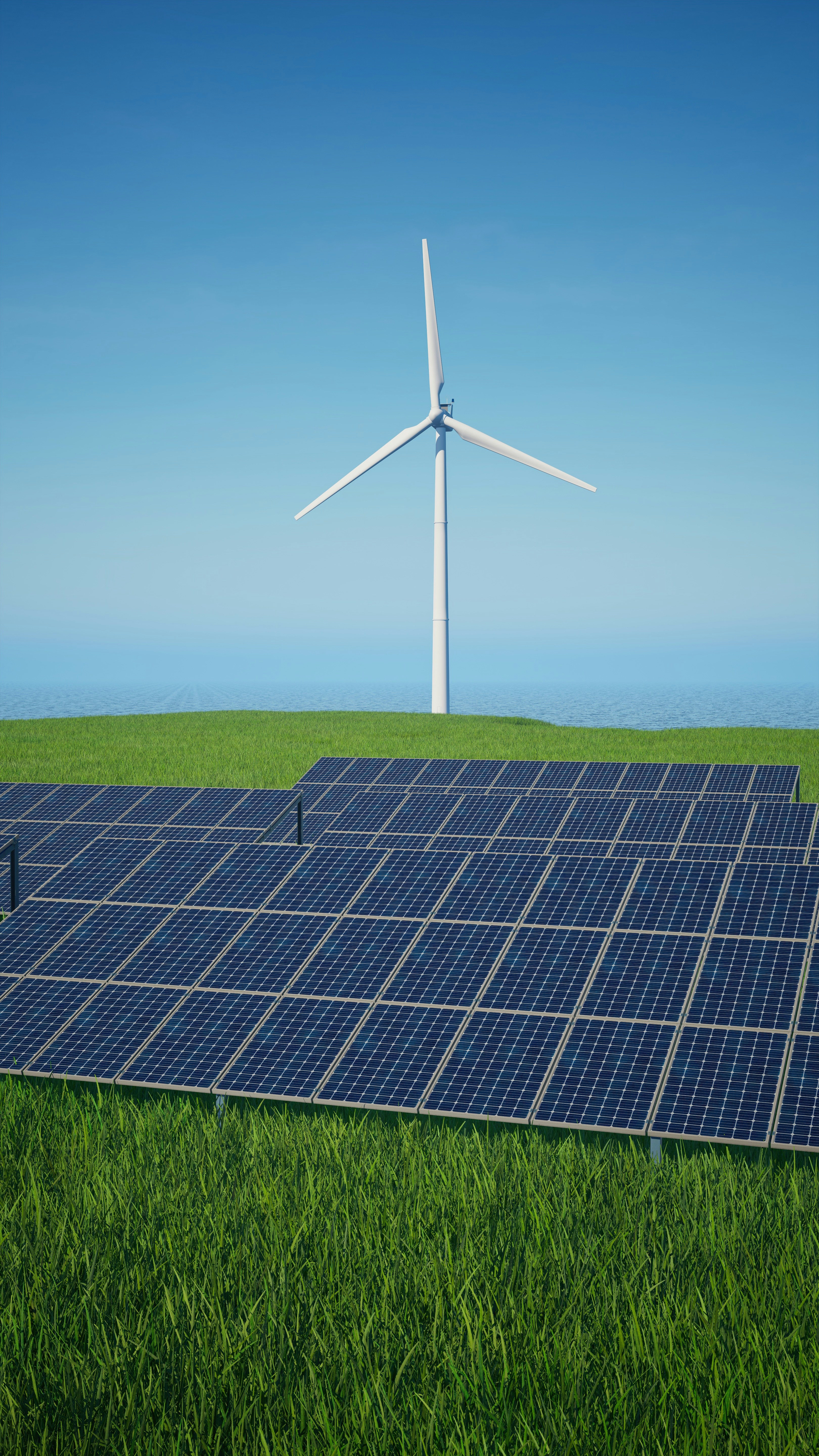 Solar panels in a lush green field