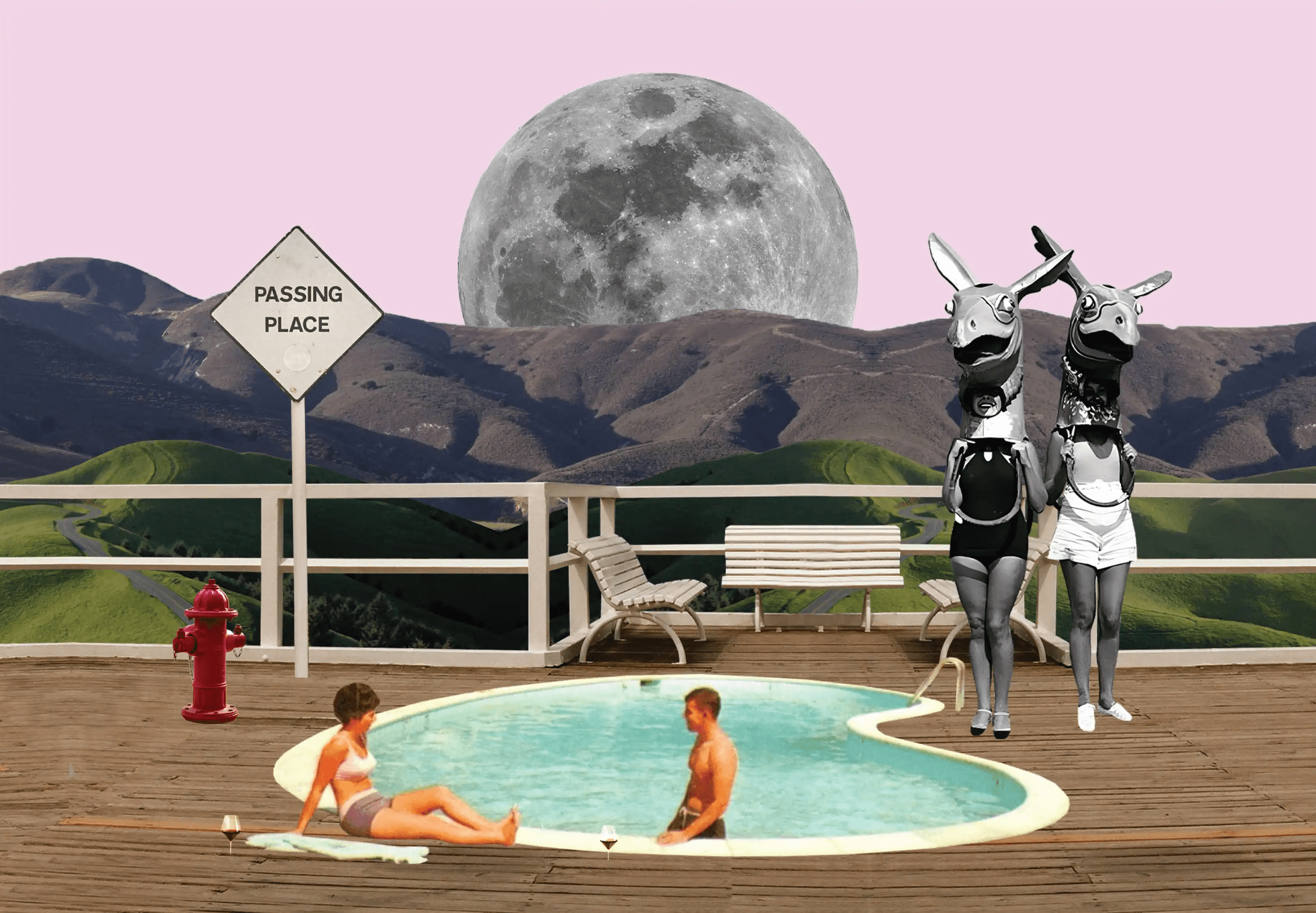 Alcohol packaging with the name 'Moon Drops' below a collaged image composed of vintage images depicting the beach and a moon.
