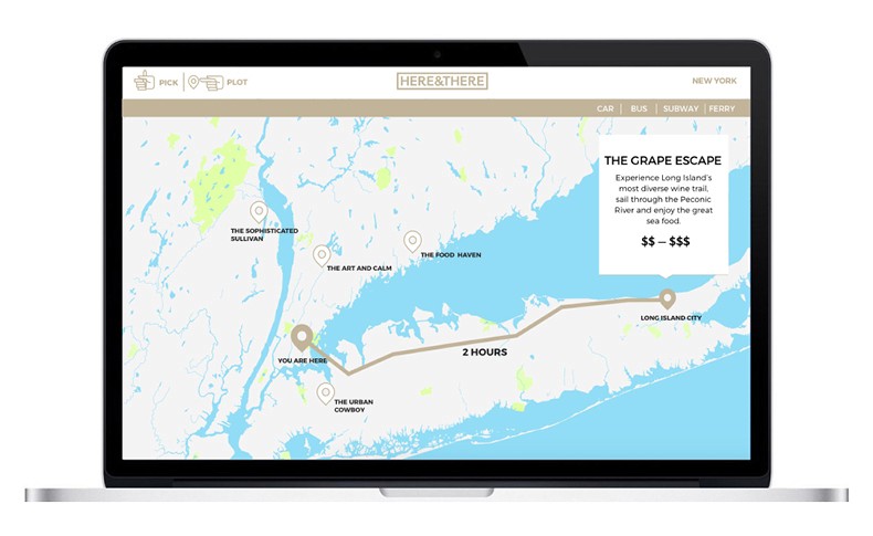 A laptop screen displays a map titled “HERE & THERE” showing a route from “THE ART AND CALM” to “THE URBAN COWBOY” via “LONG ISLAND CITY”. The route spans 2 hours and includes stops at “THE FOOD HAVEN” and “THE ART AND CALM”. A white box on the right side reads “THE CRAPE ESCAPE” and lists “$$$ - $$$$”. The map is overlaid on a light blue body of water with green land masses.