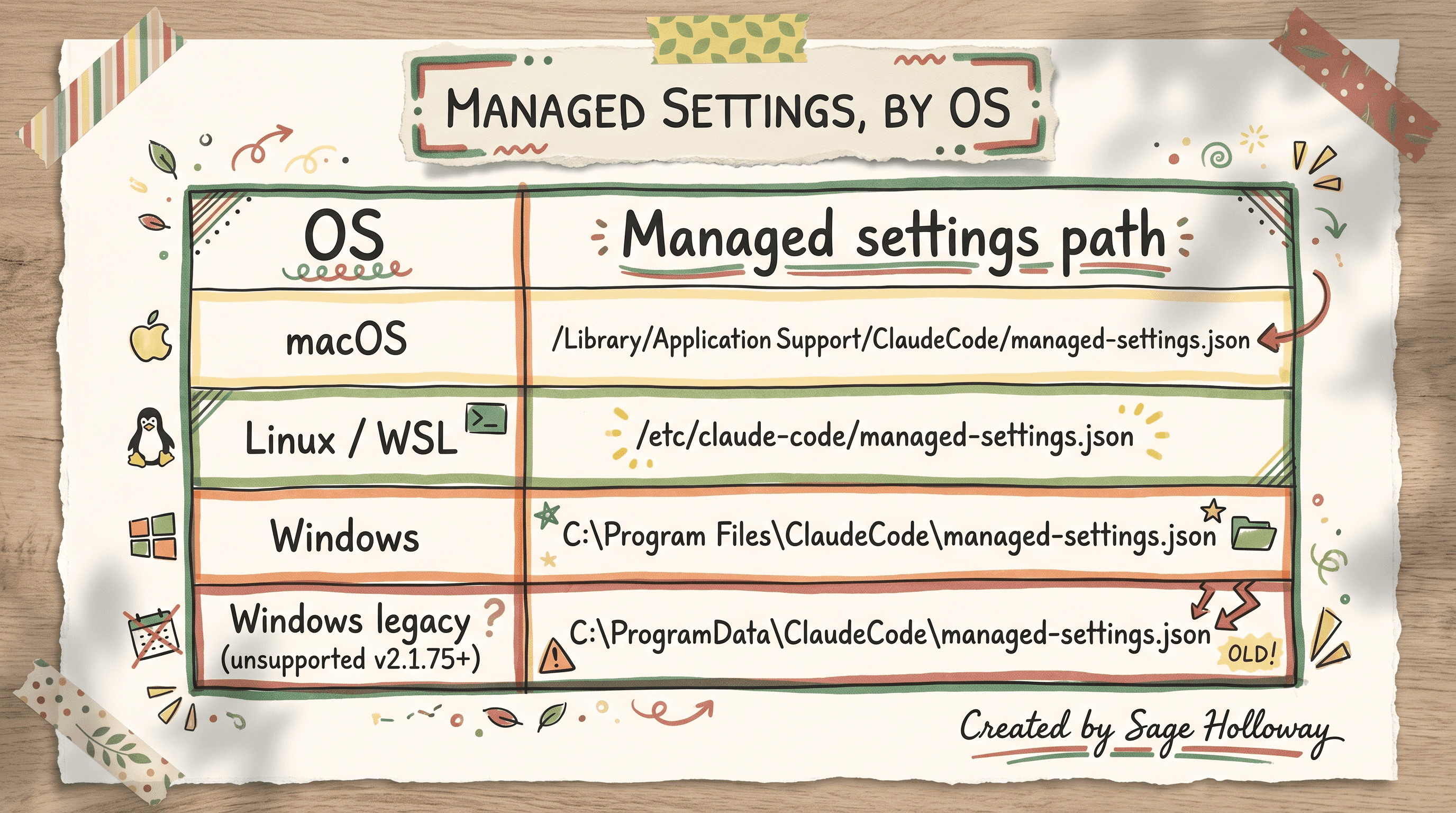 Table of Claude Code managed settings file paths for macOS, Linux, WSL, and Windows