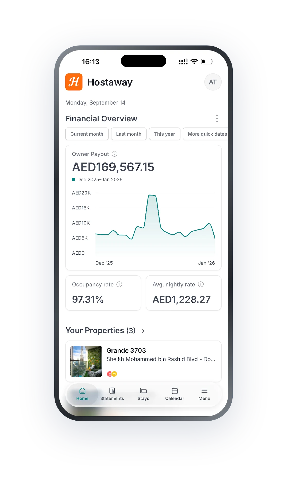 Hostaway Owner Portal on a phone: financial overview, occupancy rate, average nightly rate and your properties