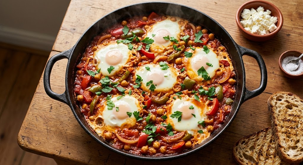 A top-down view of a steaming shakshouka in a cast iron skillet, featuring perfectly poached eggs, protein-rich chickpeas, and bell peppers in a savory tomato sauce. Garnished with fresh parsley and served on a rustic wooden table with toasted sourdough bread on the side.