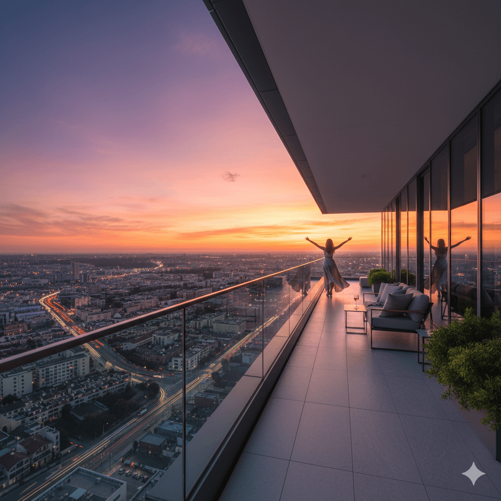 Luxury balcony view of sunset over Gurugram skyline from high-rise apartment in Sector 106