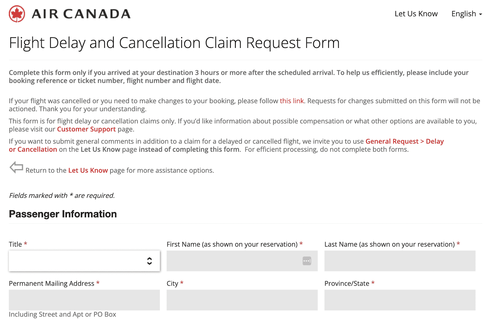 Air Canada flight delay compensation form