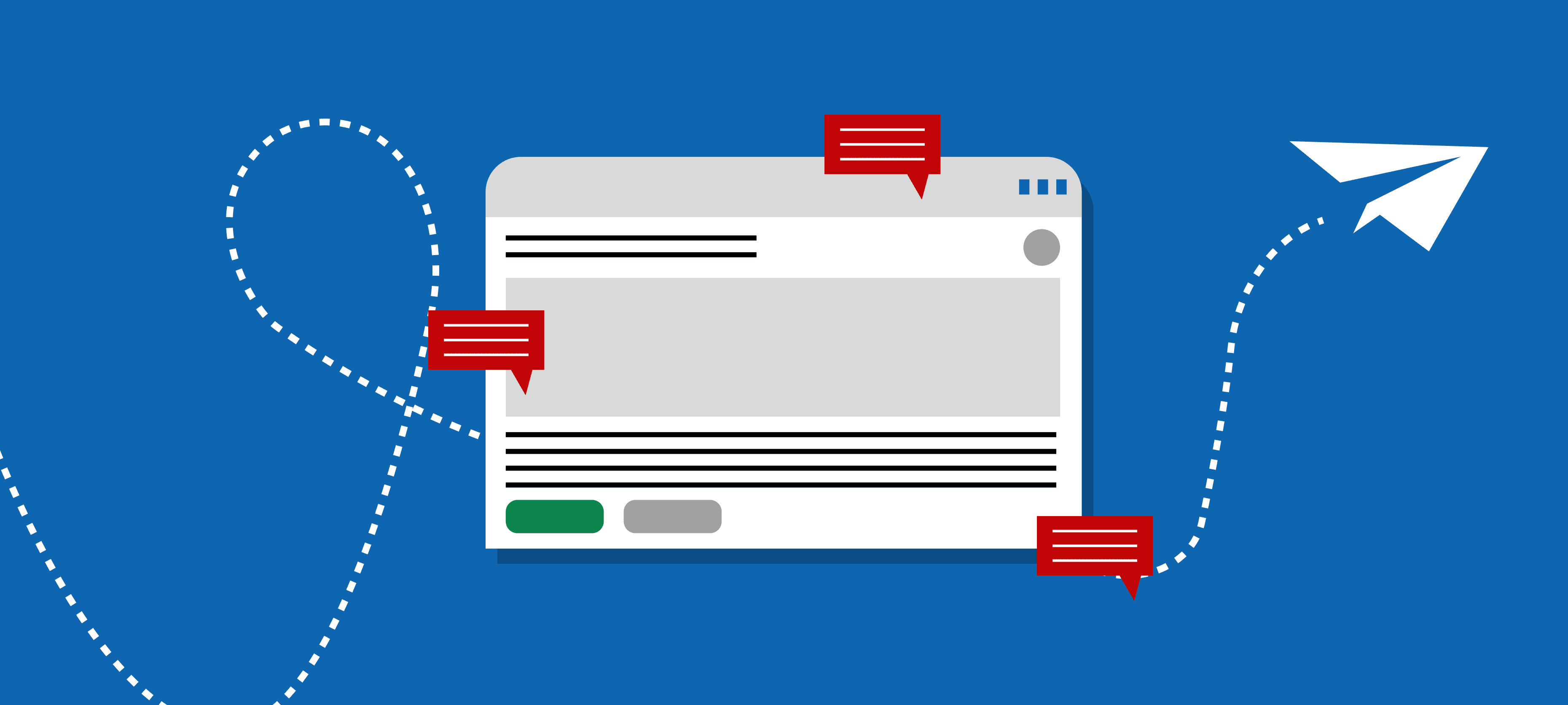 Illustration highlighting 5 best types of demand generation content B2B, featuring a web content page with comment callouts, a dotted flight path, and a paper plane to represent content-driven engagement and B2B demand generation strategies.