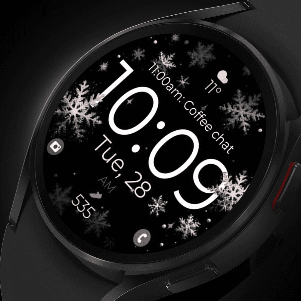 Galaxy watch displaying a snowflake digital watch face