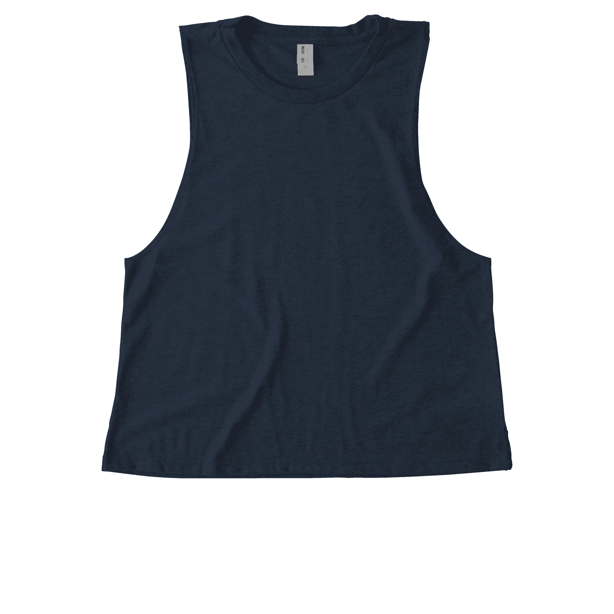 Navy blue sleeveless tank top on a blue background.