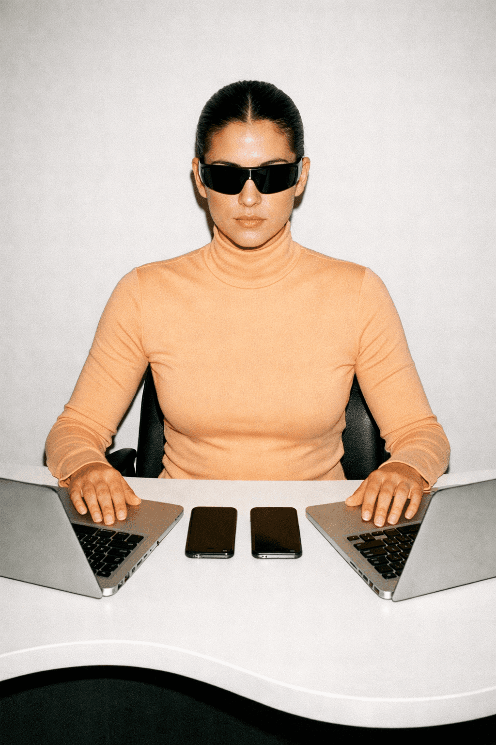 A person wearing sunglasses sits at a sleek table behind multiple laptops, with an orange top and focused expression.