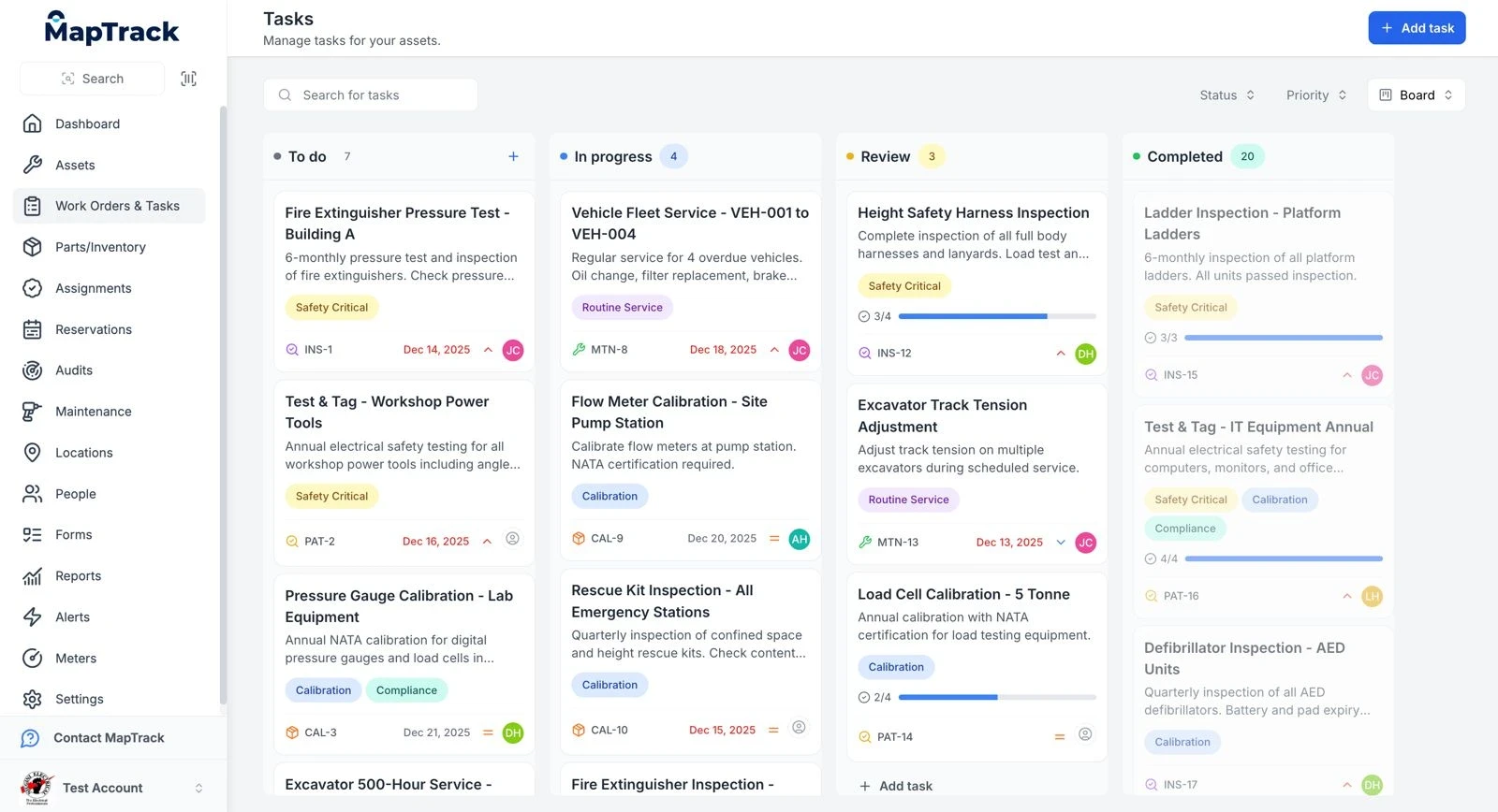 MapTrack task and work order kanban board showing maintenance workflow status.