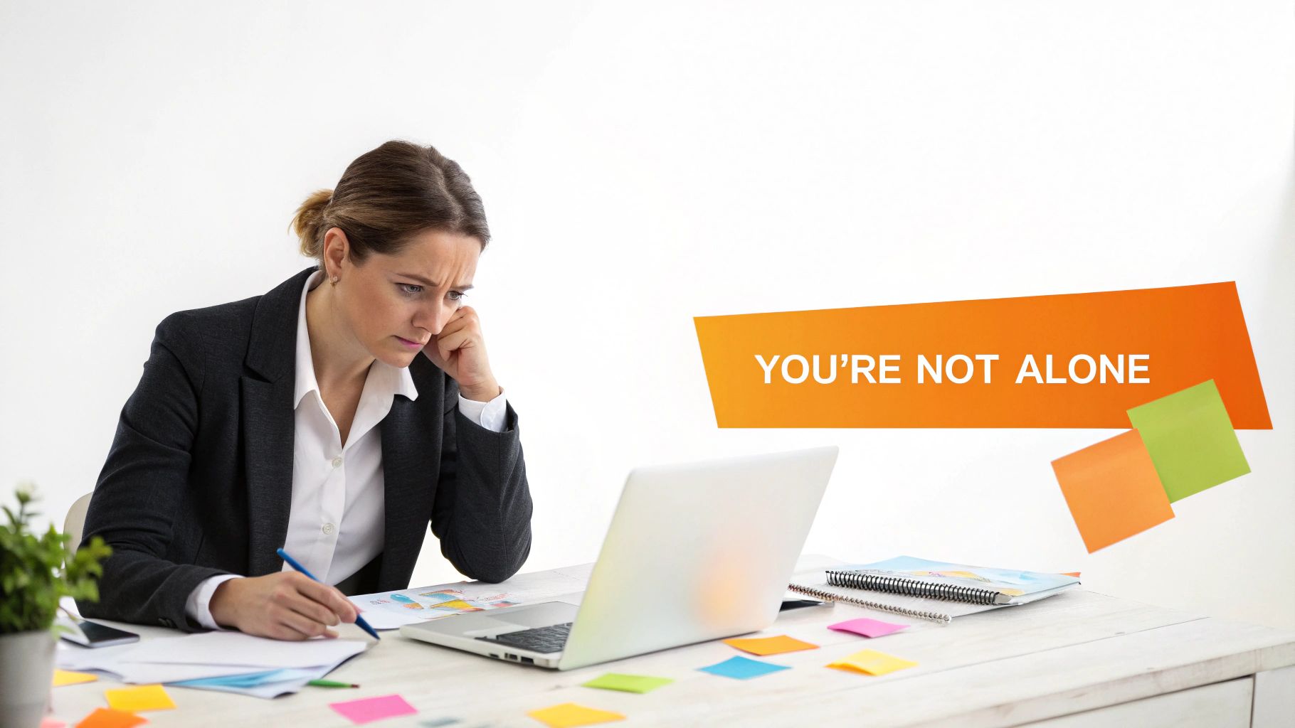 A distressed woman at a desk, looking overwhelmed while working, with a banner saying