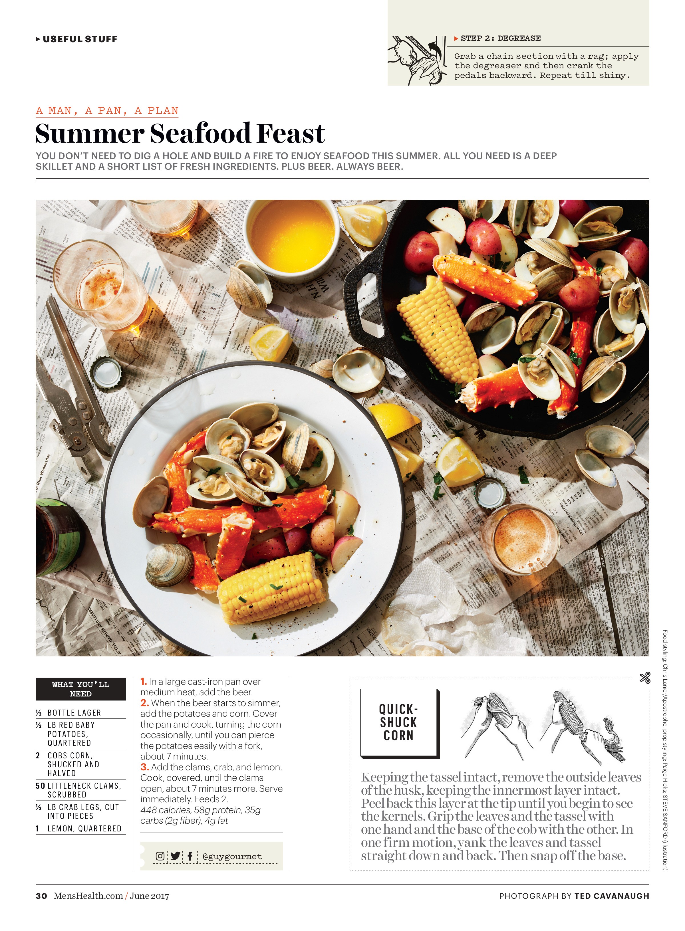 A magazine layout with a top-down view of a seafood boil. There are beers and newspaper used as the table surface