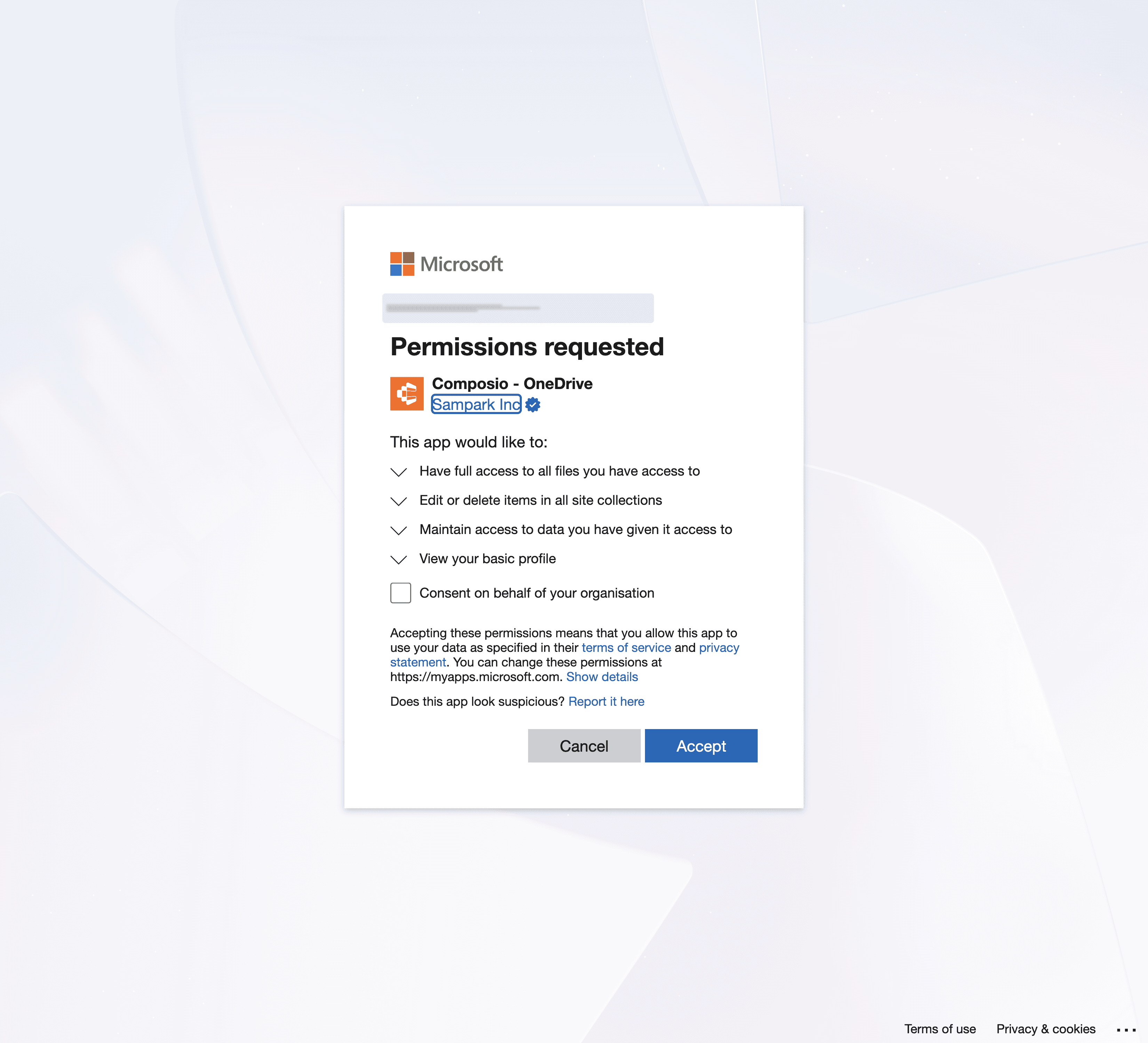 Microsoft Permissions requested page for the managed Composio OneDrive app