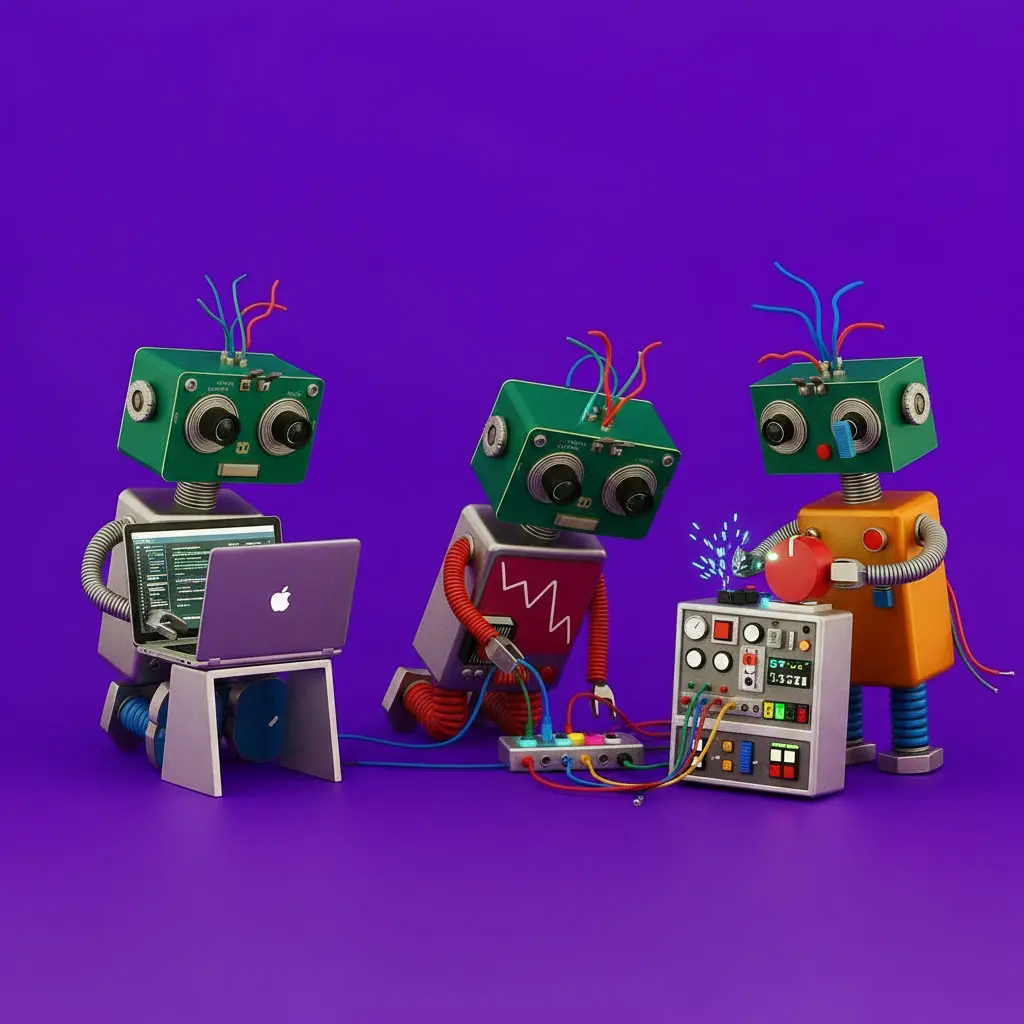 Robots trabajando en algo: Alude a la frase "implementaciones en plataforma". Los robots representan a Growth Larriera.